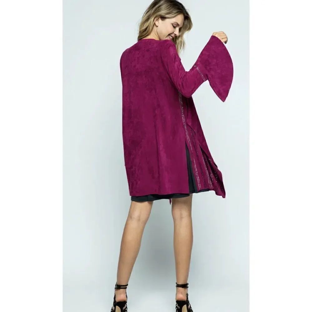 Vocal Suede Rhinestone Bell Sleeve Open Front Cardigan - Picture 3 of 3